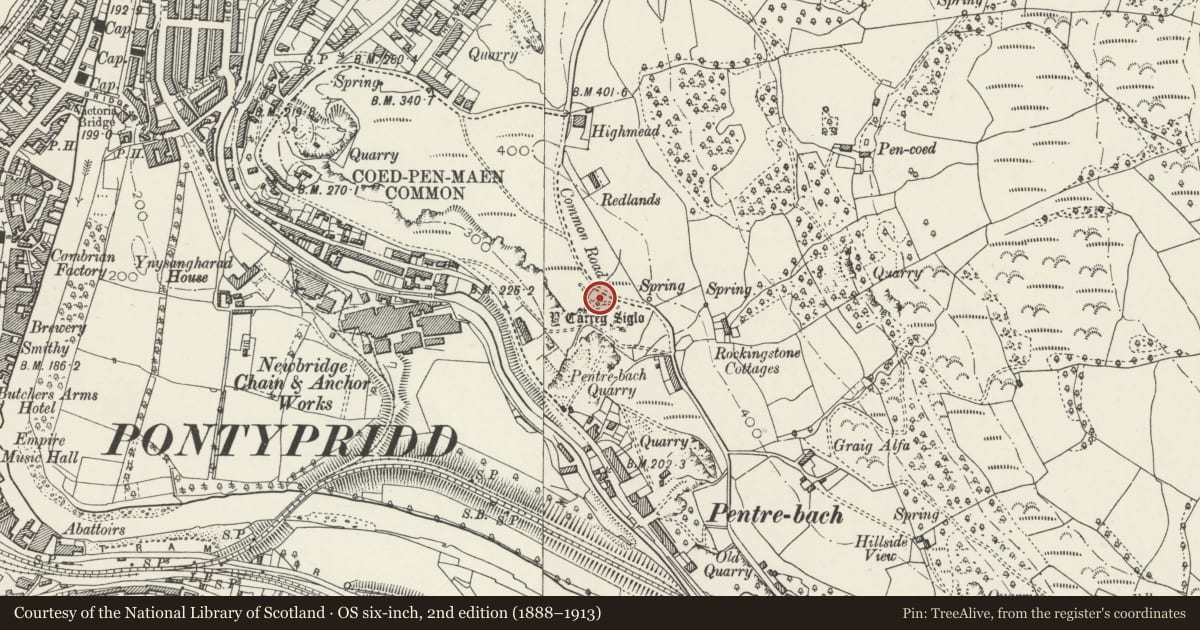 Ordnance Survey six-inch map, 2nd edition (1888–1913) covering the location of Y Garreg Siglo Bardic Complex, Pontypridd, Rhondda Cynon Taff, with a pin at the register's coordinates