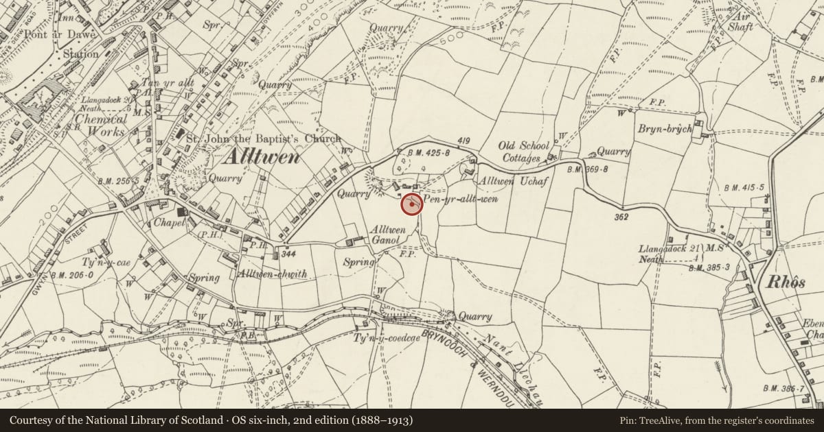Ordnance Survey six-inch map, 2nd edition (1888–1913) covering the location of Burial Chamber at Pen-yr-Alltwen, Cilybebyll, Neath Port Talbot, with a pin at the register's coordinates