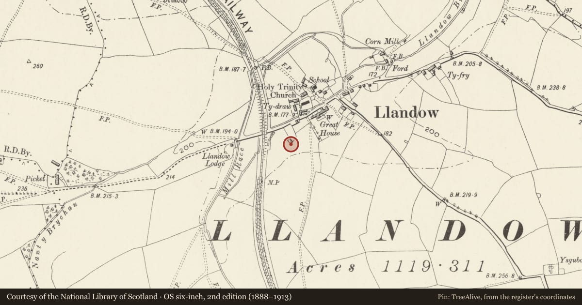 Ordnance Survey six-inch map, 2nd edition (1888–1913) covering the location of Llandow Castle-Ringwork, Vale of Glamorgan, with a pin at the register's coordinates
