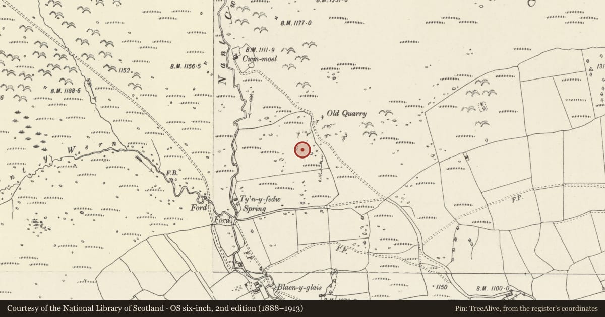 Ordnance Survey six-inch map, 2nd edition (1888–1913) covering the location of Enclosure East of Nant Cwm Moel, Vaynor, Merthyr Tydfil, with a pin at the register's coordinates