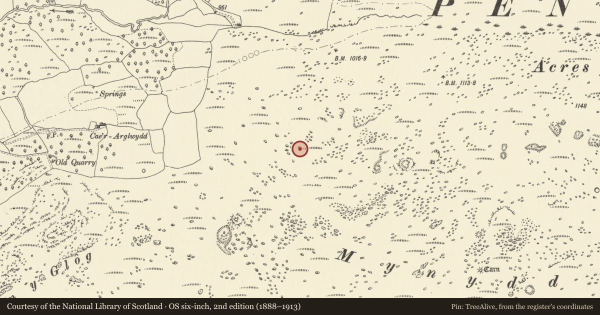 Ordnance Survey six-inch map, 2nd edition (1888–1913) covering the location of Round Cairn North of Mynydd-y-Glog, Hirwaun, Rhondda Cynon Taff, with a pin at the register's coordinates