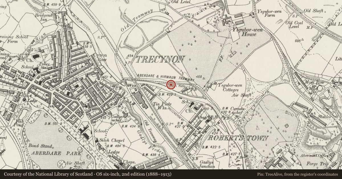 Ordnance Survey six-inch map, 2nd edition (1888–1913) covering the location of Tramroad East of Robert's Town Bridge, Aberdare, Aberdare West, Rhondda Cynon Taff, with a pin at the register's coordinates