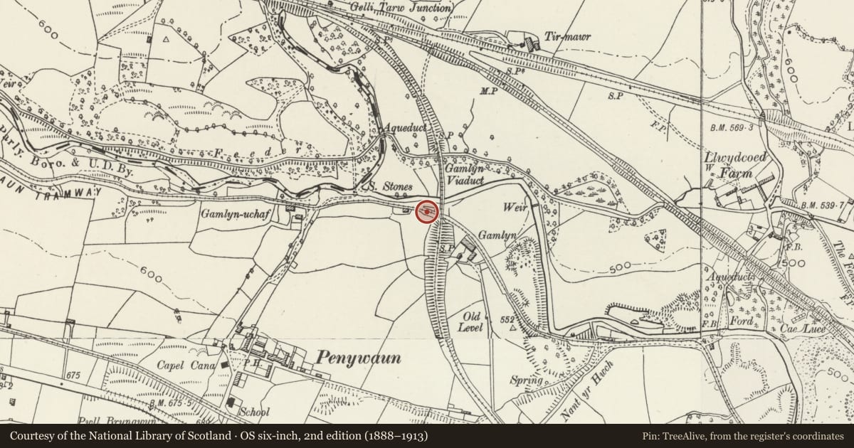 Ordnance Survey six-inch map, 2nd edition (1888–1913) covering the location of Remains of Gamlyn Railway Viaduct, Pen-y-Waun, Rhondda Cynon Taff, with a pin at the register's coordinates