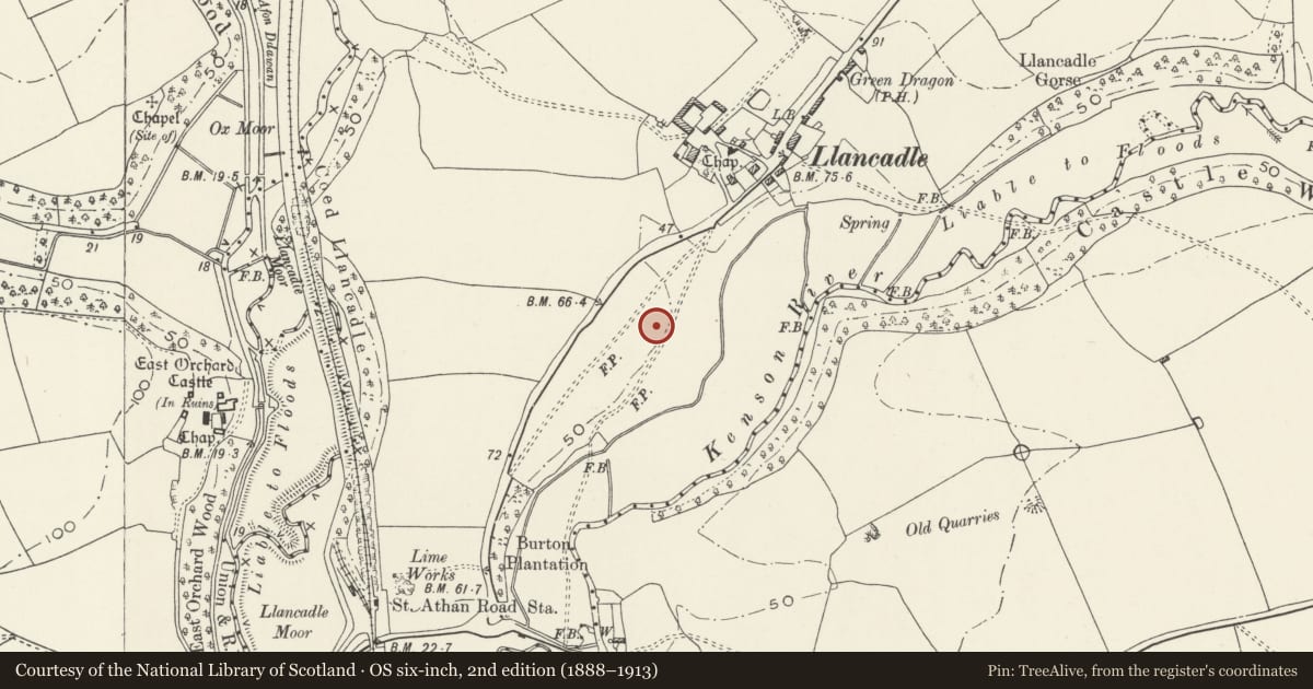Ordnance Survey six-inch map, 2nd edition (1888–1913) covering the location of Llancadle Deserted Medieval Village, Llancarfan, Vale of Glamorgan, with a pin at the register's coordinates