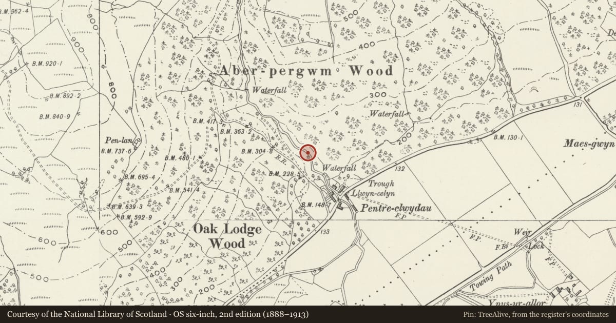 Ordnance Survey six-inch map, 2nd edition (1888–1913) covering the location of Pentreclwydau Colliery, Glynneath, Neath Port Talbot, with a pin at the register's coordinates