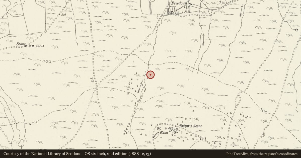 Ordnance Survey six-inch map, 2nd edition (1888–1913) covering the location of Burnt Mound North of Arthur's Stone, Llanrhidian Lower, Swansea, with a pin at the register's coordinates