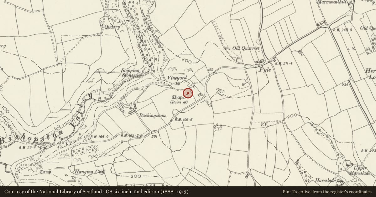 Ordnance Survey six-inch map, 2nd edition (1888–1913) covering the location of Chantry Acre medieval chapel, Bishopston, Swansea, with a pin at the register's coordinates