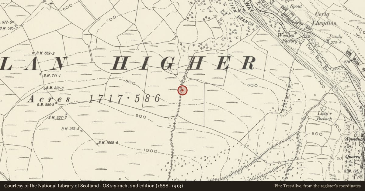 Ordnance Survey six-inch map, 2nd edition (1888–1913) covering the location of Deserted Rural Settlement North of Foel Fynyddau, Pelenna, Neath Port Talbot, with a pin at the register's coordinates