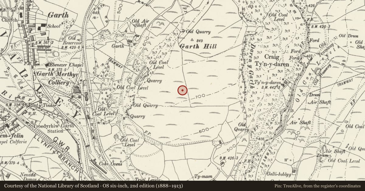 Ordnance Survey six-inch map, 2nd edition (1888–1913) covering the location of Garth Hill Platform House, Maesteg, Bridgend, with a pin at the register's coordinates
