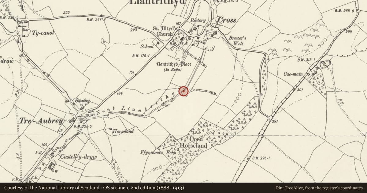 Ordnance Survey six-inch map, 2nd edition (1888–1913) covering the location of Llantrithyd Place: remains of house, relict gardens and wells, Llancarfan, Vale of Glamorgan, with a pin at the register's coordinates