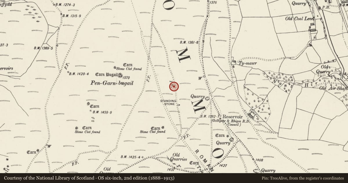 Ordnance Survey six-inch map, 2nd edition (1888–1913) covering the location of Gelligaer Common Roman Road, Bedlinog, Merthyr Tydfil, with a pin at the register's coordinates