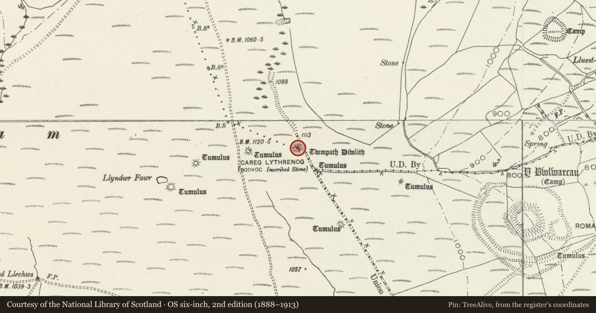 Ordnance Survey six-inch map, 2nd edition (1888–1913) covering the location of Twmpath Diwlith Round Barrow, Maesteg, Bridgend, with a pin at the register's coordinates
