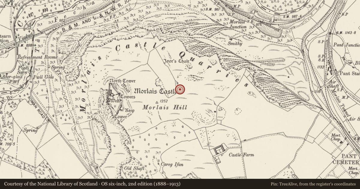 Ordnance Survey six-inch map, 2nd edition (1888–1913) covering the location of Morlais Hill ring cairn, Pant, Merthyr Tydfil, with a pin at the register's coordinates