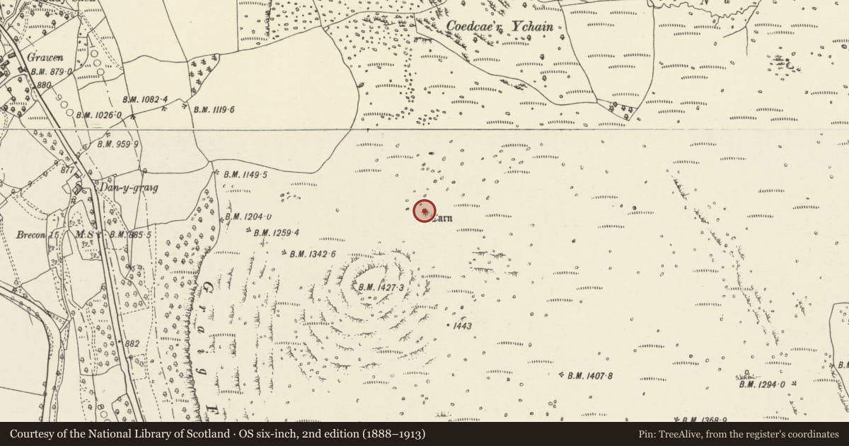 Ordnance Survey six-inch map, 2nd edition (1888–1913) covering the location of Cefn Cil-Sanws ring cairn, Vaynor, Merthyr Tydfil, with a pin at the register's coordinates
