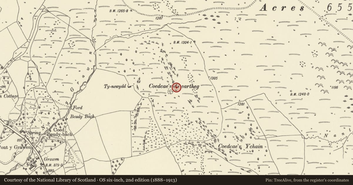 Ordnance Survey six-inch map, 2nd edition (1888–1913) covering the location of Coetgae'r Gwartheg barrow cemetery, Vaynor, Merthyr Tydfil, with a pin at the register's coordinates