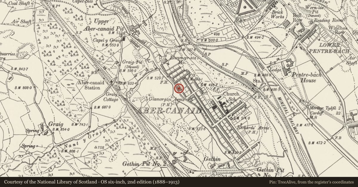 Ordnance Survey six-inch map, 2nd edition (1888–1913) covering the location of Abercanaid haystack boiler, Troed-y-Rhiw, Merthyr Tydfil, with a pin at the register's coordinates