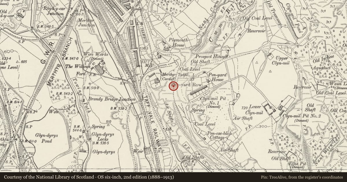 Ordnance Survey six-inch map, 2nd edition (1888–1913) covering the location of Merthyr Tramroad Tunnel (Trevithick's Tunnel), Troed-y-Rhiw, Merthyr Tydfil, with a pin at the register's coordinates