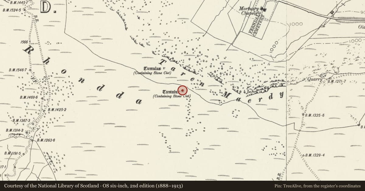 Ordnance Survey six-inch map, 2nd edition (1888–1913) covering the location of Tarren Maerdy cairn (E), Ferndale, Rhondda Cynon Taff, with a pin at the register's coordinates