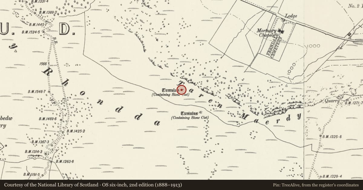 Ordnance Survey six-inch map, 2nd edition (1888–1913) covering the location of Tarren Maerdy cairn (W), Ferndale, Rhondda Cynon Taff, with a pin at the register's coordinates