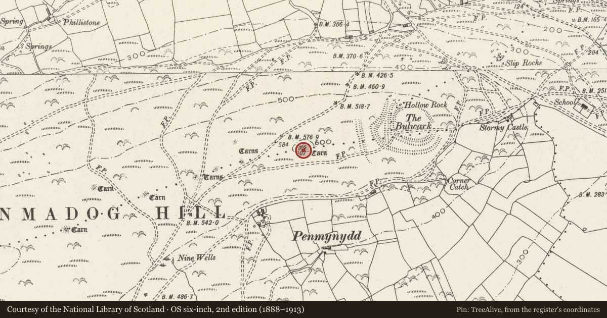 Ordnance Survey six-inch map, 2nd edition (1888–1913) covering the location of Round Cairn, Llangennith, Llanmadoc and Cheriton, Swansea, with a pin at the register's coordinates