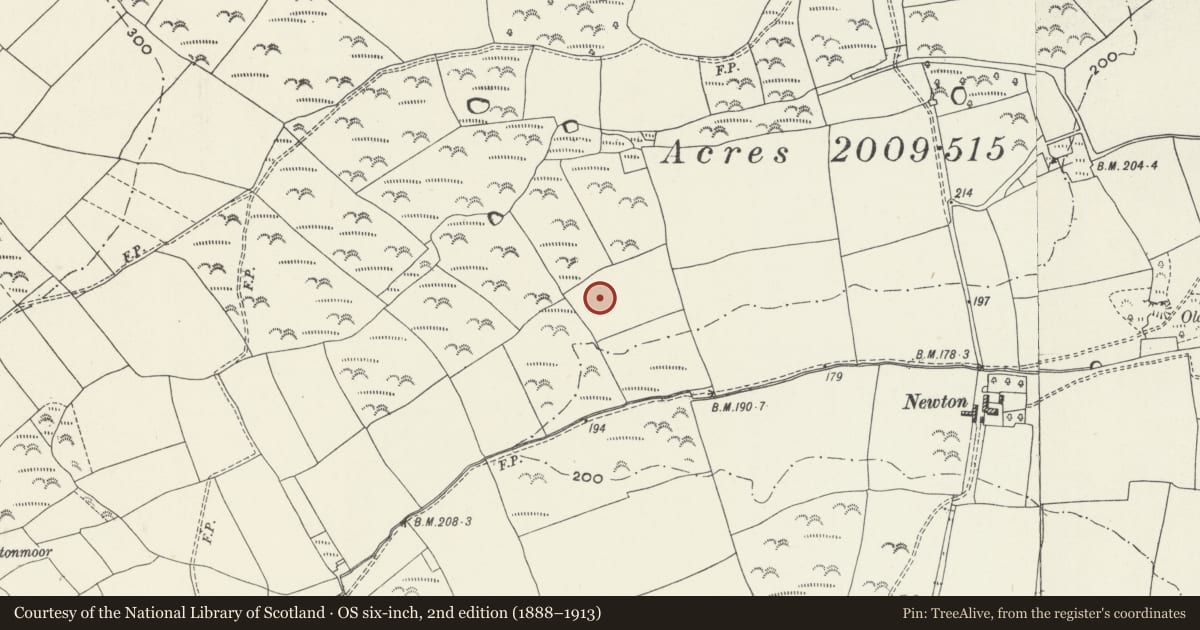 Ordnance Survey six-inch map, 2nd edition (1888–1913) covering the location of Newton henge, cropmark, Port Eynon, Swansea, with a pin at the register's coordinates