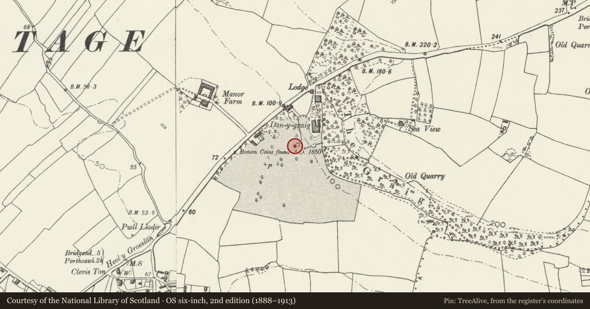 Ordnance Survey six-inch map, 2nd edition (1888–1913) covering the location of Dan-y-Graig Roman villa, Porthcawl, Bridgend, with a pin at the register's coordinates