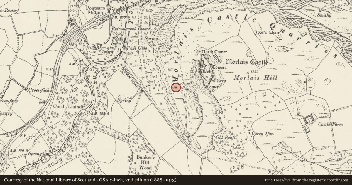 Ordnance Survey six-inch map, 2nd edition (1888–1913) covering the location of Merthyr Tramroad: Morlais Castle section, Pant, Merthyr Tydfil, with a pin at the register's coordinates