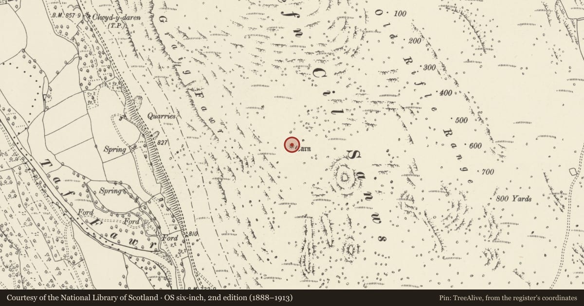 Ordnance Survey six-inch map, 2nd edition (1888–1913) covering the location of Round Cairn, Vaynor, Merthyr Tydfil, with a pin at the register's coordinates