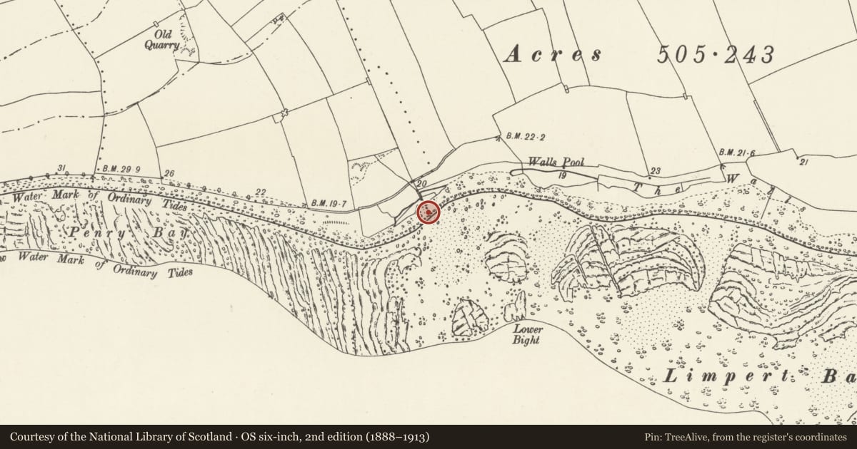 Ordnance Survey six-inch map, 2nd edition (1888–1913) covering the location of Limpert Bay Anti-invasion Defences, Llantwit Major, Vale of Glamorgan, with a pin at the register's coordinates