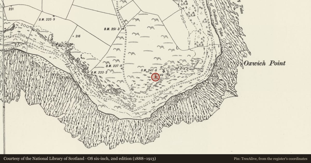 Ordnance Survey six-inch map, 2nd edition (1888–1913) covering the location of Oxwich Bay Coast Defence/Chain Home Low Radar Station, Penrice, Swansea, with a pin at the register's coordinates