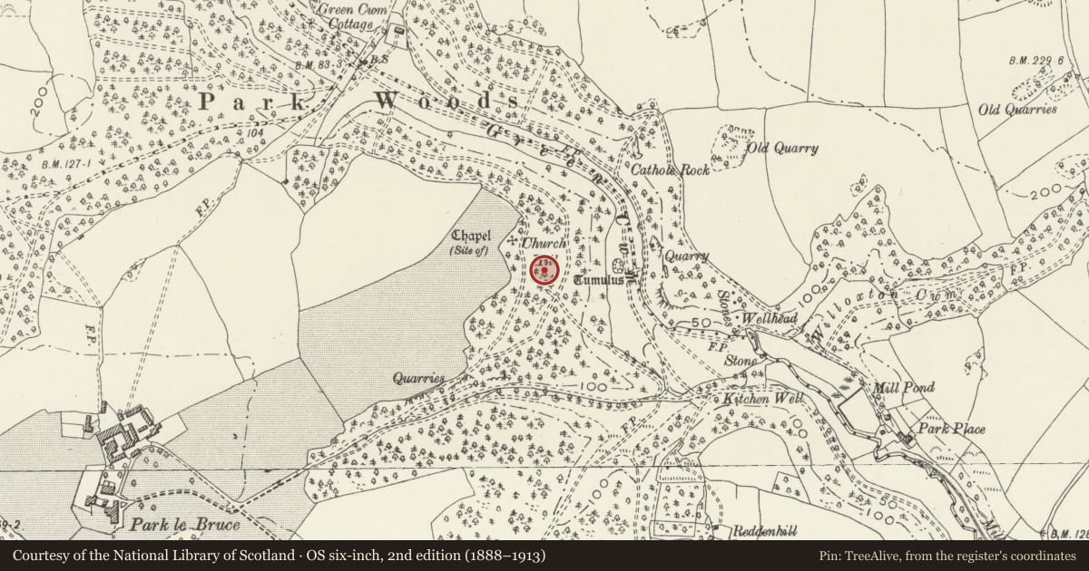 Ordnance Survey six-inch map, 2nd edition (1888–1913) covering the location of Church Hill Romano-British enclosure, Ilston, Swansea, with a pin at the register's coordinates