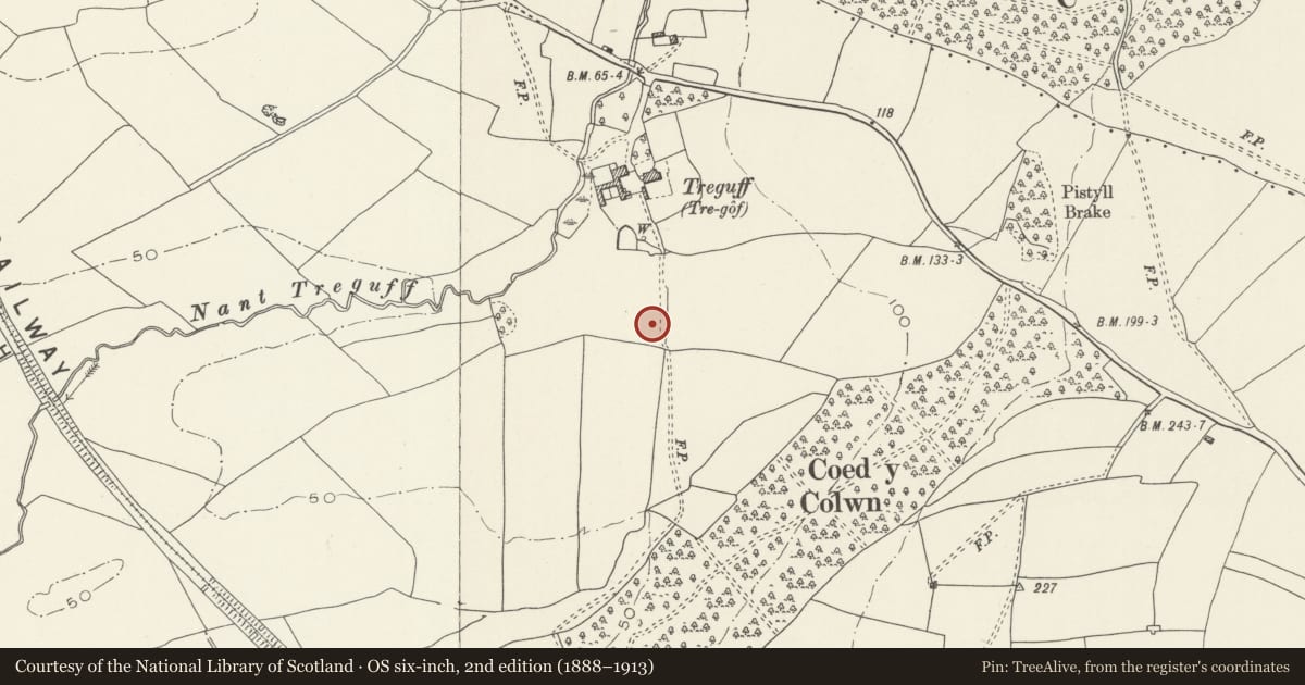 Ordnance Survey six-inch map, 2nd edition (1888–1913) covering the location of Treguff RAF Airfield Decoy Control Centre, Llancarfan, Vale of Glamorgan, with a pin at the register's coordinates
