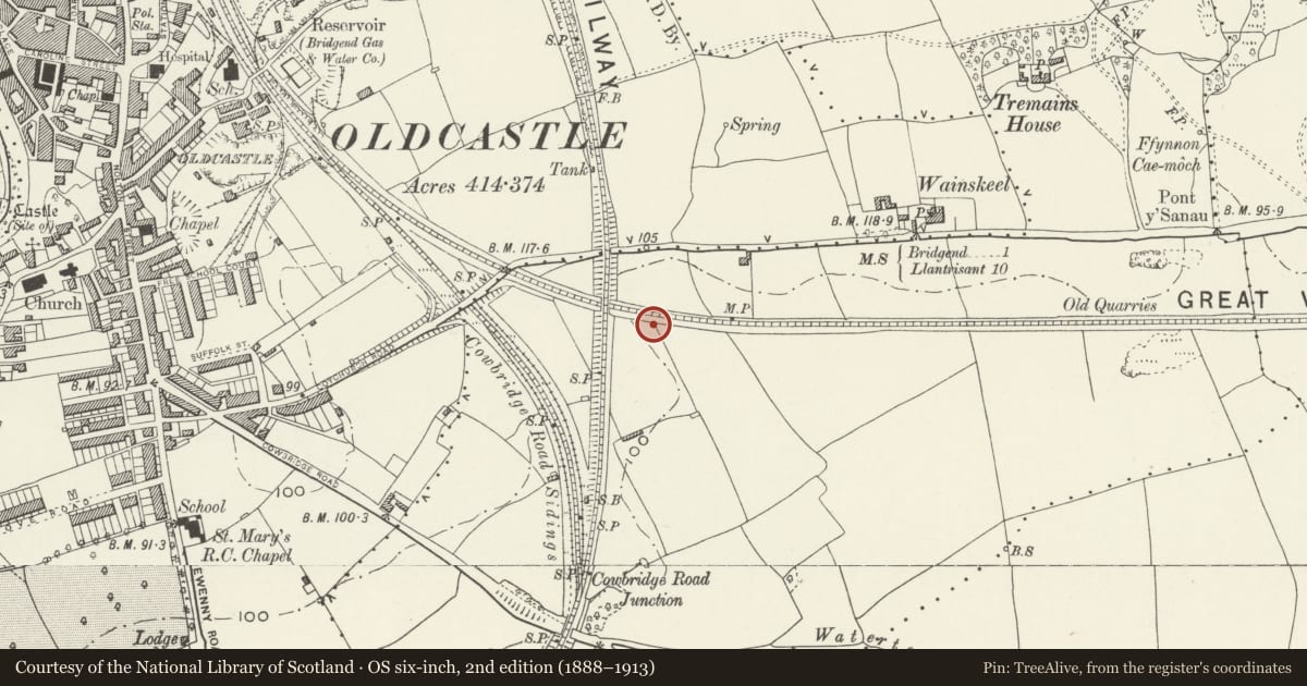 Ordnance Survey six-inch map, 2nd edition (1888–1913) covering the location of Royal Ordnance Factory Bridgend Dual-storey Pillbox, Coychurch Lower, Bridgend, with a pin at the register's coordinates
