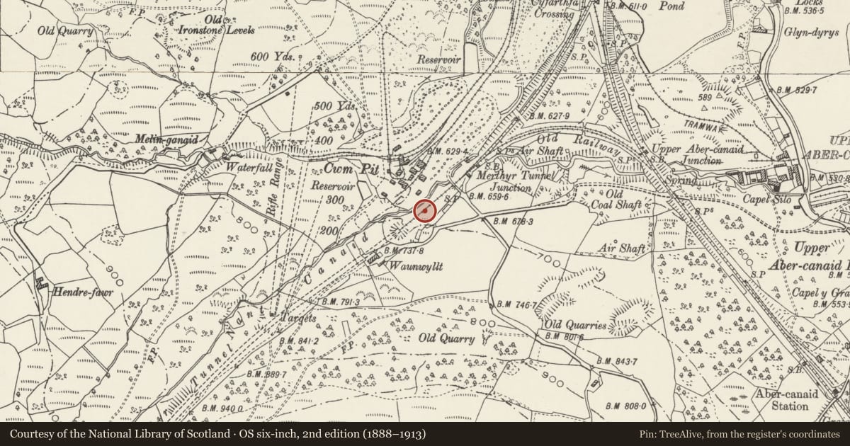 Ordnance Survey six-inch map, 2nd edition (1888–1913) covering the location of Vale of Neath railway cutting and tunnel portal, Troed-y-Rhiw, Merthyr Tydfil, with a pin at the register's coordinates