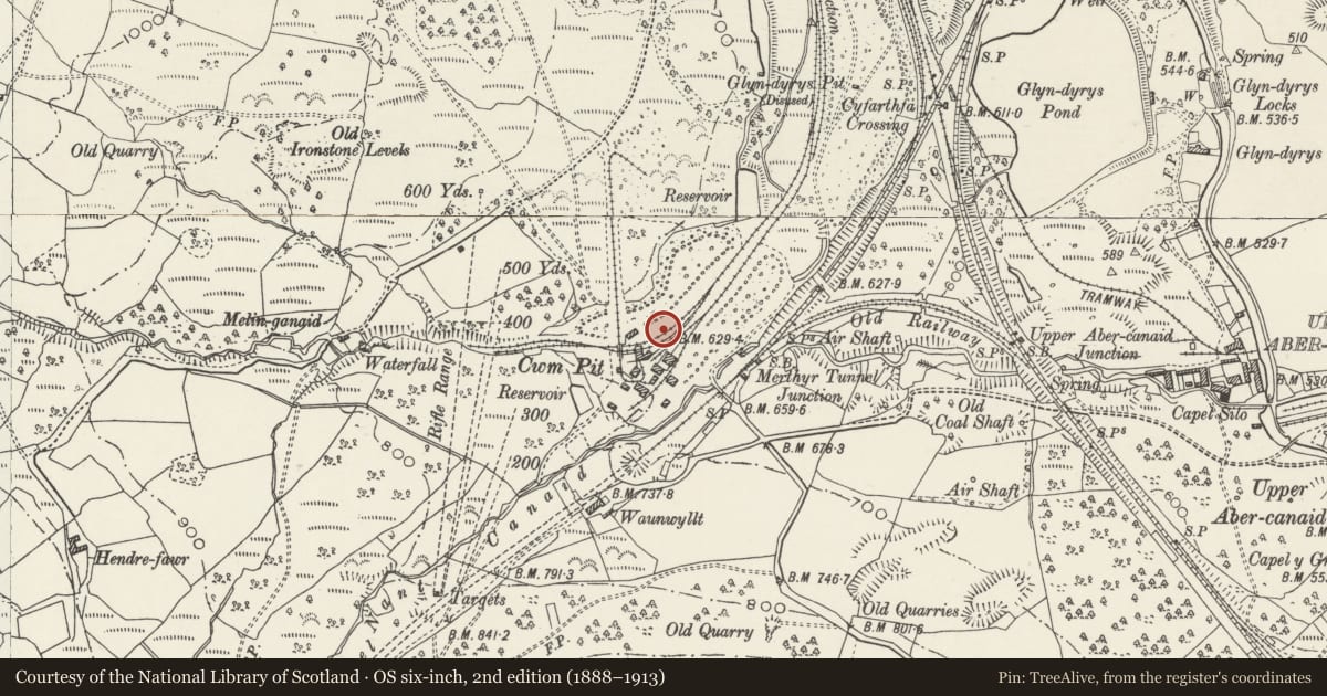 Ordnance Survey six-inch map, 2nd edition (1888–1913) covering the location of Cwm Pit and head of railway, Troed-y-Rhiw, Merthyr Tydfil, with a pin at the register's coordinates