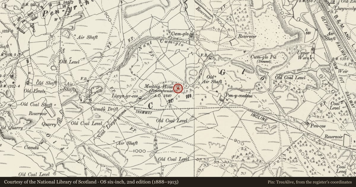 Ordnance Survey six-inch map, 2nd edition (1888–1913) covering the location of Cwm Glo Chapel, Troed-y-Rhiw, Merthyr Tydfil, with a pin at the register's coordinates