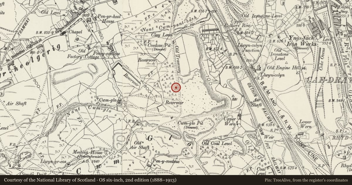 Ordnance Survey six-inch map, 2nd edition (1888–1913) covering the location of Cwm Glo pit and ironstone tip, Cyfarthfa, Merthyr Tydfil, with a pin at the register's coordinates