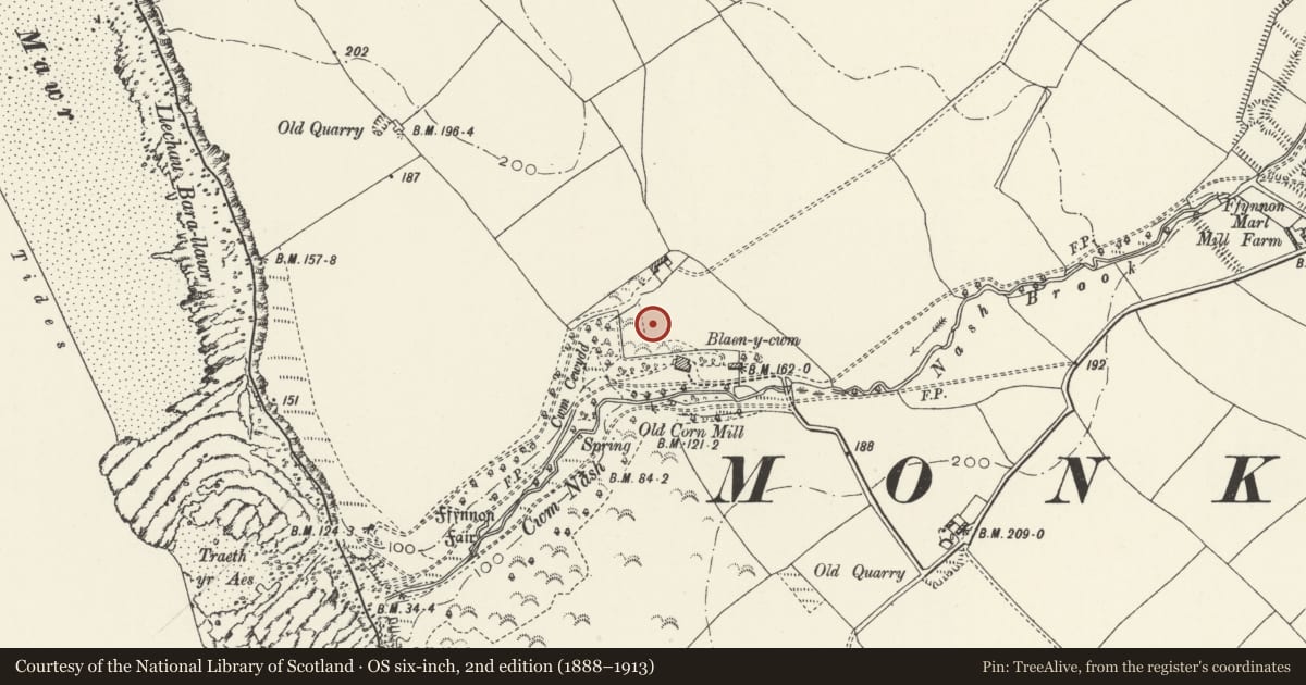 Ordnance Survey six-inch map, 2nd edition (1888–1913) covering the location of Cwm Nash Defended Enclosure, St. Donats, Vale of Glamorgan, with a pin at the register's coordinates
