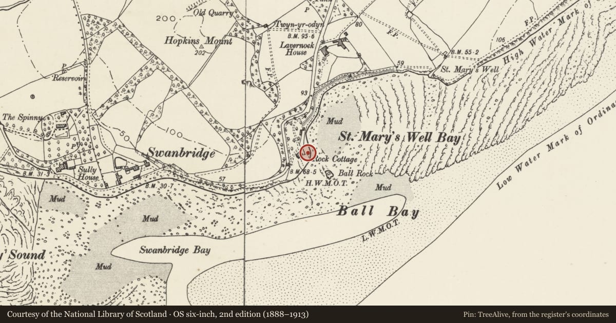 Ordnance Survey six-inch map, 2nd edition (1888–1913) covering the location of St Mary's Well Bay Pillbox, Sully, Vale of Glamorgan, with a pin at the register's coordinates