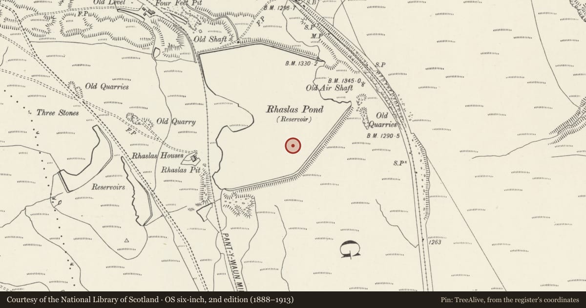 Ordnance Survey six-inch map, 2nd edition (1888–1913) covering the location of Rhaslas Pond South Dam, Darran Valley, Caerphilly, with a pin at the register's coordinates