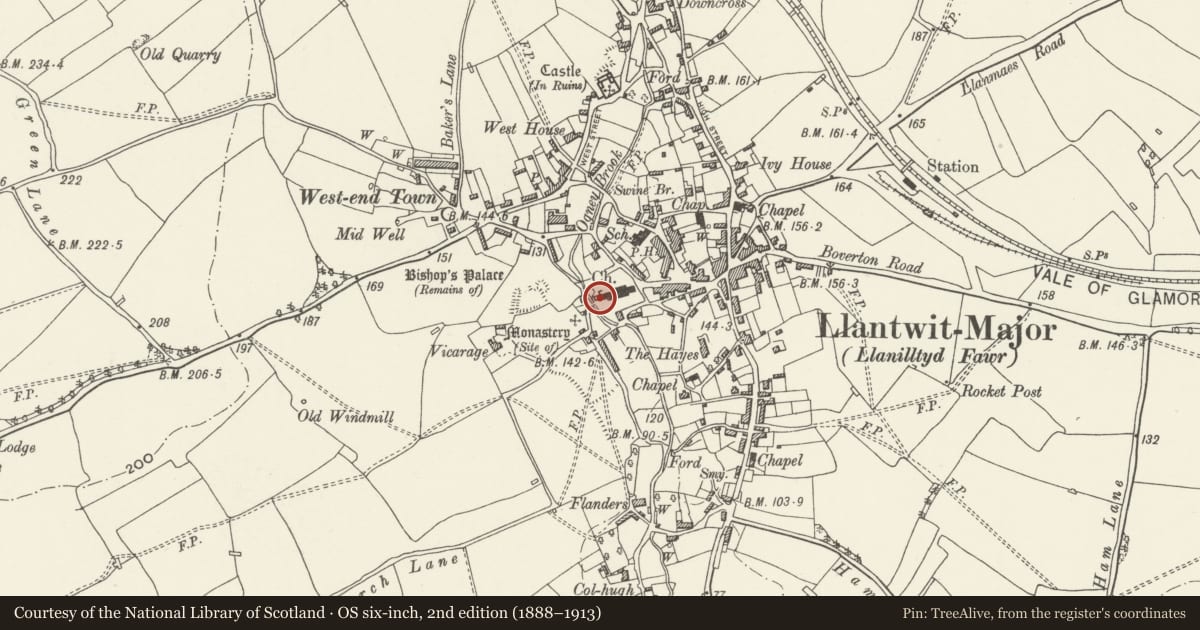 Ordnance Survey six-inch map, 2nd edition (1888–1913) covering the location of St. Illtud's Church, Early Medieval Cross, Cross Shafts and Pillar, Llantwit Major, Vale of Glamorgan, with a pin at the register's coordinates