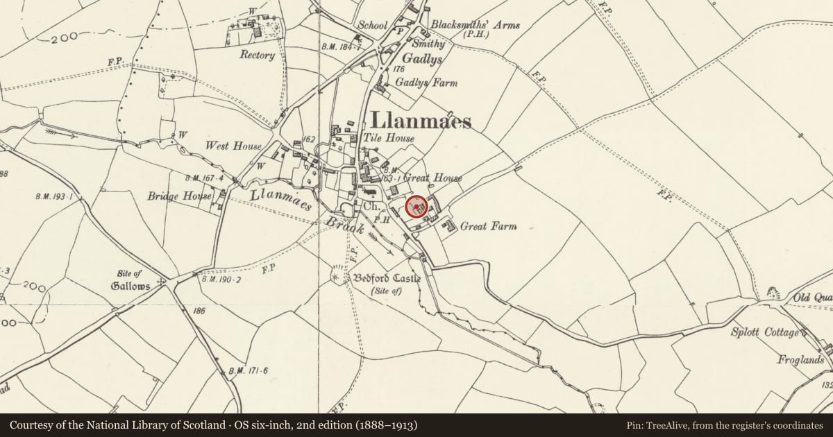 Ordnance Survey six-inch map, 2nd edition (1888–1913) covering the location of Llanmaes Castle (Malefant Castle), Llan-Maes, Vale of Glamorgan, with a pin at the register's coordinates
