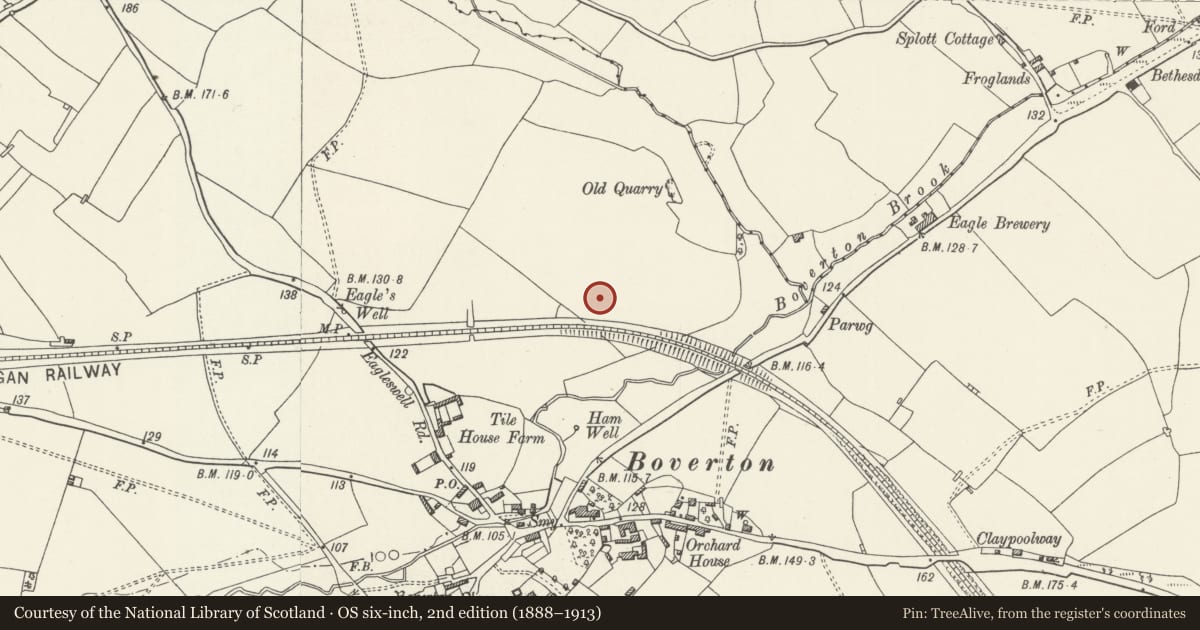 Ordnance Survey six-inch map, 2nd edition (1888–1913) covering the location of Round Barrow Cairn, 340m west of The Parwg, Llantwit Major, Vale of Glamorgan, with a pin at the register's coordinates