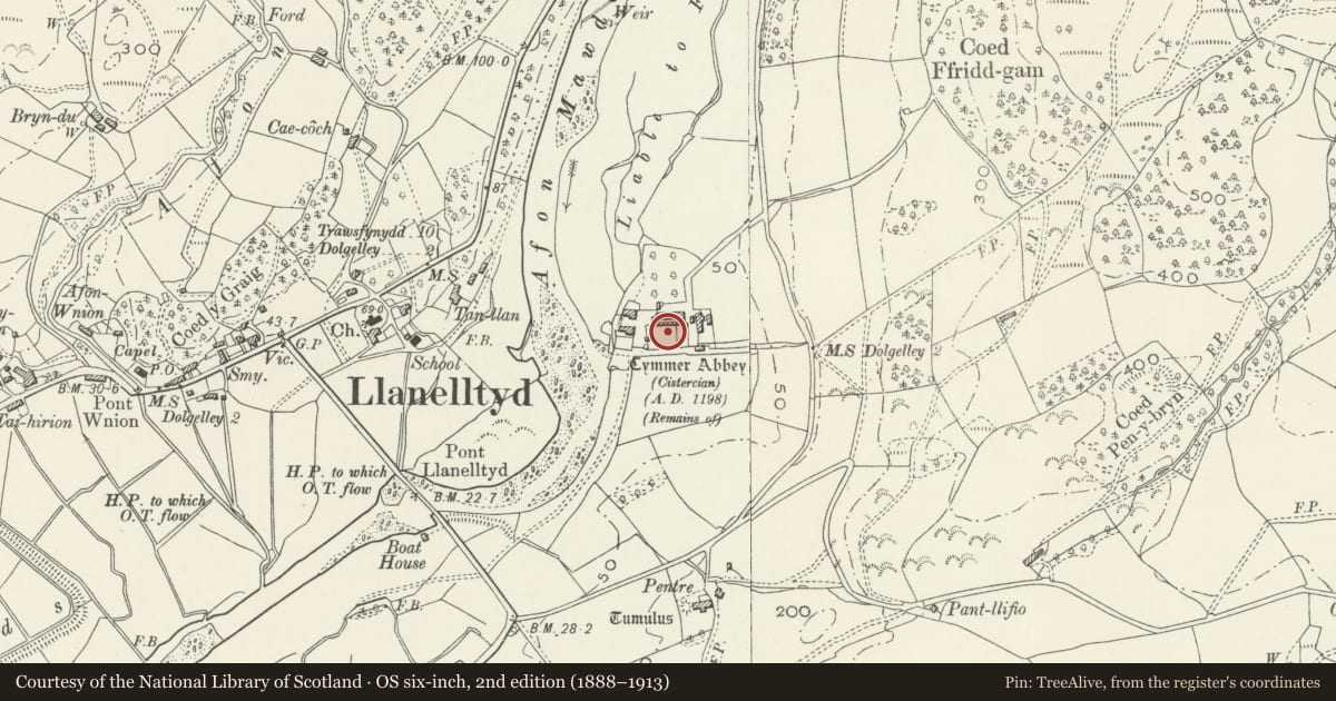 Ordnance Survey six-inch map, 2nd edition (1888–1913) covering the location of Cymer Abbey, Llanelltyd, Gwynedd, with a pin at the register's coordinates