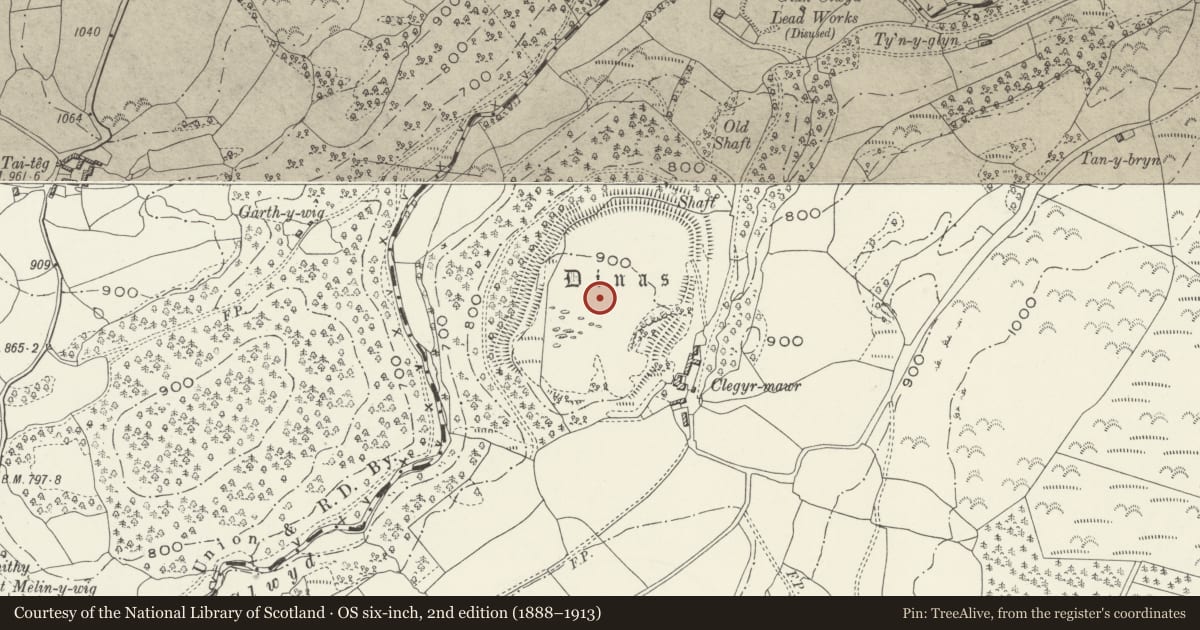 Ordnance Survey six-inch map, 2nd edition (1888–1913) covering the location of Dinas Melin-y-Wig, Betws Gwerfil Goch, Denbighshire, with a pin at the register's coordinates