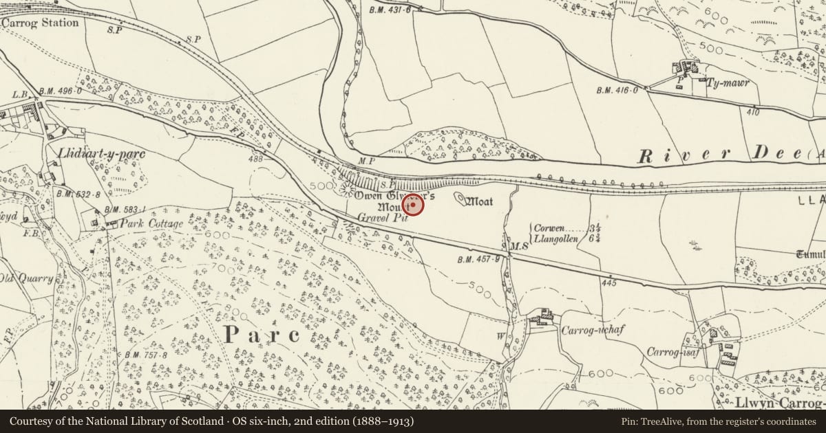 Ordnance Survey six-inch map, 2nd edition (1888–1913) covering the location of Owain Glyndwr's Mount, Corwen, Denbighshire, with a pin at the register's coordinates