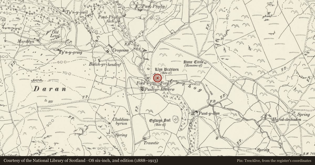 Ordnance Survey six-inch map, 2nd edition (1888–1913) covering the location of Llys Bradwen Medieval Site, Arthog, Gwynedd, with a pin at the register's coordinates