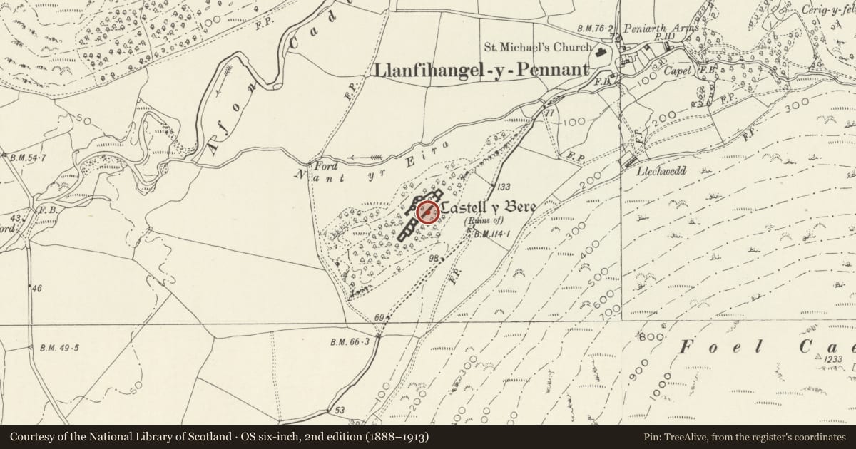 Ordnance Survey six-inch map, 2nd edition (1888–1913) covering the location of Castell y Bere, Llanfihangel-y-Pennant, Gwynedd, with a pin at the register's coordinates