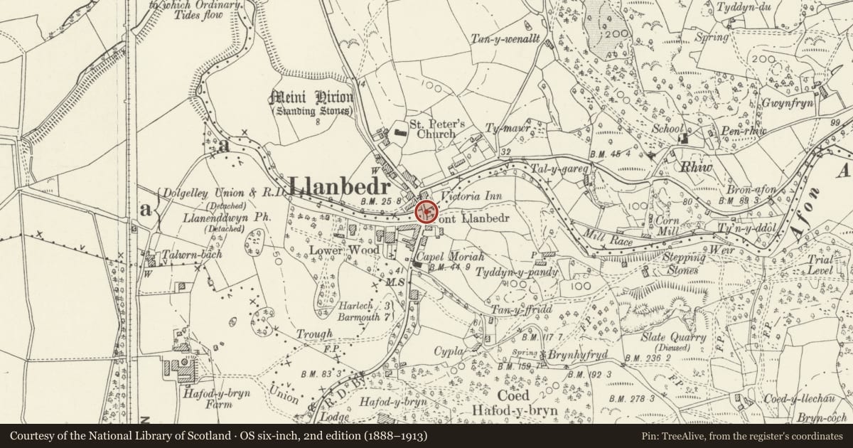 Ordnance Survey six-inch map, 2nd edition (1888–1913) covering the location of Pont Llanbedr, Gwynedd, with a pin at the register's coordinates