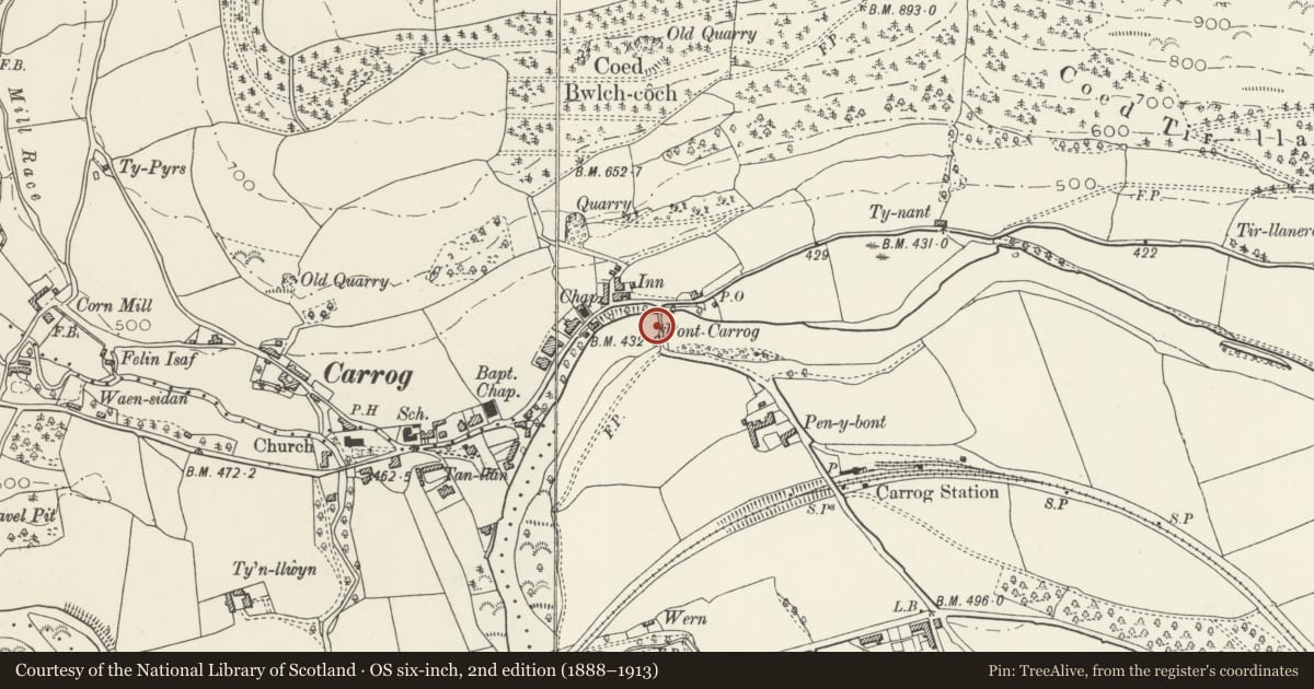 Ordnance Survey six-inch map, 2nd edition (1888–1913) covering the location of Pont Carrog, Corwen, Denbighshire, with a pin at the register's coordinates